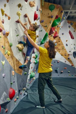 Küçük bir kız, eğitmenle çocuk eğitimi, kaya hareketleri, teknikler. Küçük kız duvarlara tırmanıyor, kapalı alan sınıfında. Spor tırmanışı, hobi, aktif yaşam tarzı, okul, kurs kavramı