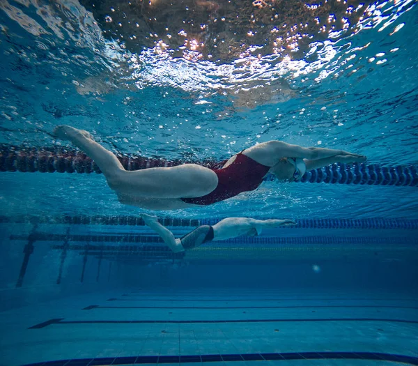 Altında Yüzmek Mayolu Genç Bir Kız Antrenman Yapıyor Havuzda Yüzüyor — Stok fotoğraf