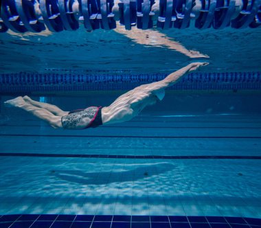 Hareket halindeki profesyonel yüzme sporcusu, antrenman teknikleri, havuzda yüzme. - Başarılar. Havuz sporları, su sporları, rekabet, aktif yaşam tarzı kavramı