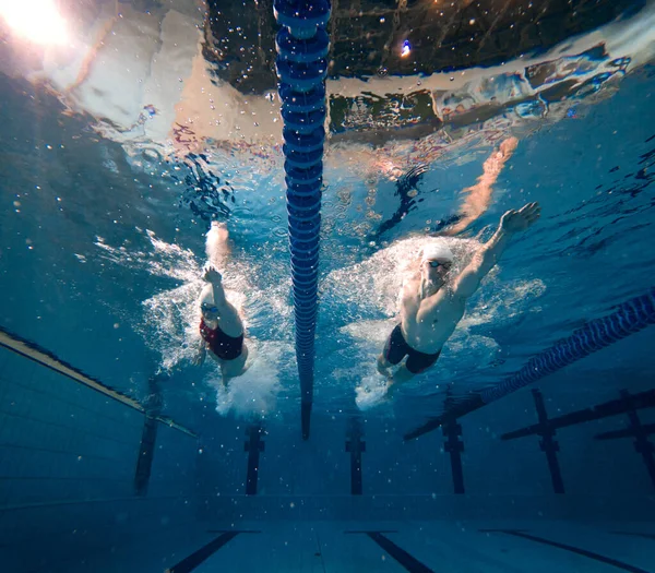 竞争回合 两个年轻人 男人和女人 在运动中总结运动员 在游泳池里游泳 泳池运动 水上运动 锦标赛 积极生活方式的概念 — 图库照片