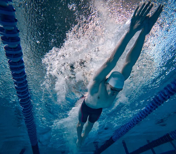 速度和耐力年轻人 职业游泳运动员在运动 在游泳池游泳 泳池运动 水上运动 积极生活方式的概念 — 图库照片