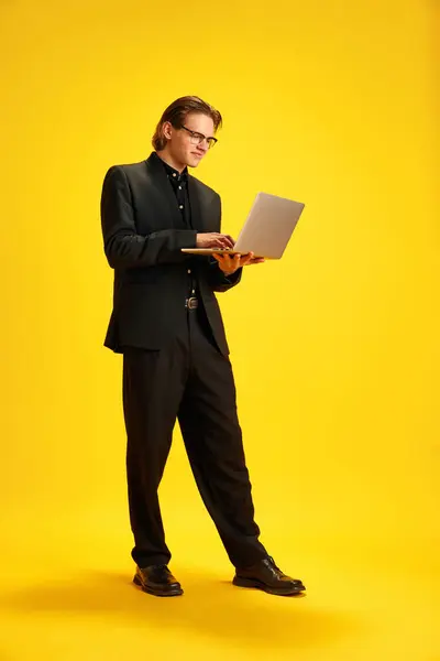 Full Length Portrait Young Confident Man Student Holding Laptop Having Royalty Free Stock Images