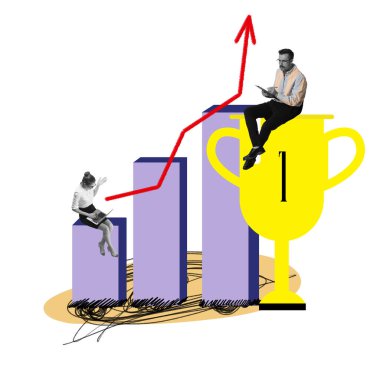 İş arkadaşları, strateji üzerinde çalışan kadın ve erkek büyümek için başarılı bir plan geliştiriyorlar. Analitik ok yükseliyor. Başarı. Çağdaş sanat. İş kavramı, halkla ilişkiler, pazarlama, yönetim