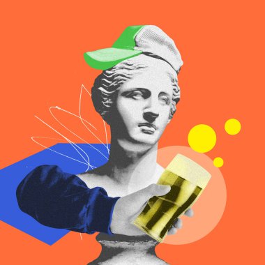 Antik heykel büstü, parlak turuncu arka planda bira bardağıyla kaplanmış taklit. Festival, rahatlama. Çağdaş sanat. Parti anlayışı, sürrealizm, alkol içecekleri. Pop sanat. Gürültü, kumlu etki