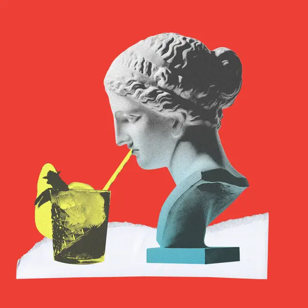 Antieke Standbeeld Buste Nippen Mojito Cocktail Rode Achtergrond Een Verfrissing — Stockfoto