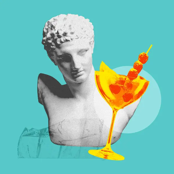 Mannelijke Antieke Standbeeld Buste Zoete Zure Cocktail Pastelblauwe Achtergrond Hedendaagse — Stockfoto