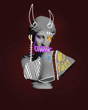 Kural yok. Özgürlük için. Siyah-beyaz antika heykel büstü koyu kırmızı arka plan üzerine renkli karalamalar çizildi. Çağdaş sanat kolajı. Postmodernizm, yaratıcılık ve sürrealizm kavramı. Poster, reklam