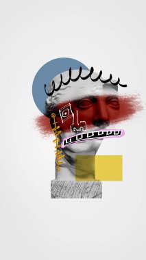 Çeşitlilik. İki yüzlü antik heykel büstü, beyaz arka planda doddles ve renkli elementler. Çağdaş sanat eserleri. Postmodernizm, yaratıcılık ve sürrealizm kavramı, hayal gücü. Poster, reklam