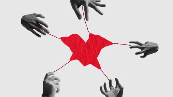 为了爱的渴望人类的双手用绳子连接着心脏 停止运动 简约主义情人节 二月十四日的概念 明信片 邀请函 海报模板 — 图库视频影像