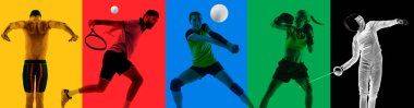 Tek renk seti. Çok renkli arka plan üzerinde hareket halindeki çeşitli sporculardan oluşan kolaj. Spor müsabakaları için afiş. Spor, turnuva, yarışma, oyun kavramı.