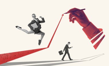 Başarı ve başarısızlık. Hırslı genç bir kadını, kariyerini büyüten bir çalışanı ve işten ayrıldıktan sonra umutsuzluk içinde yürüyen genç bir adamı gösteren bir tasarım. Çağdaş sanat kolajı. İş kavramı, kariyer