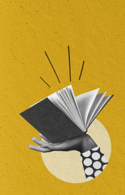 Çağdaş sanat kolajı. Sarı arka plan üzerinde açık bir kitap tutan insan eli. Eğitim hizmetleri terfisi. Eğitim kavramı, okuma, bilgi. Yayınevi pazarlaması. Kitap kulübü.