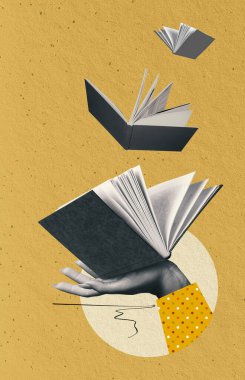 Sarı arka plan üzerinde açık bir kitap tutan insan eli. Çağdaş sanat kolajı. Uygulamalar ve kitap inceleme platformları okunuyor. Eğitim kavramı, okuma, bilgi. Kitapçı için poster