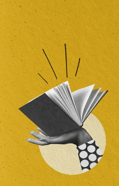 Contemporary art collage. Human hand holding open book over yellow background. Educational services promotion. Concept of education, reading, knowledge. Publishing house marketing. Book club