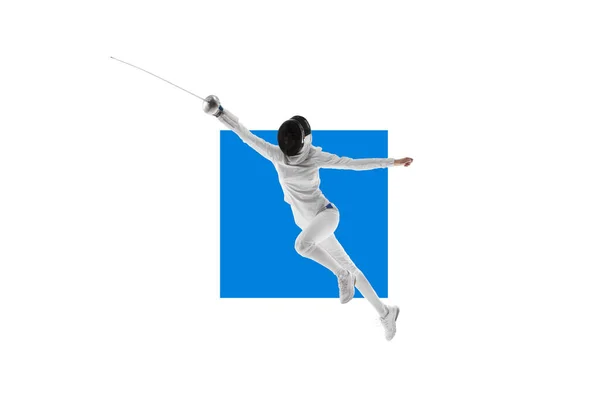 Vrouwelijke Omheining Beweging Training Witte Achtergrond Met Blauw Element Genade — Stockfoto