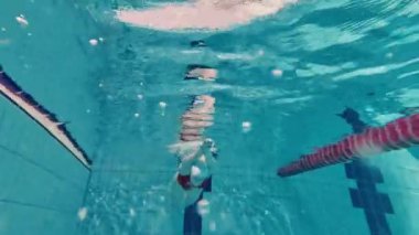 Genç bir kadın, yüzme sporcusu havuza dalıyor, antrenman yapıyor, yüzme antrenmanı yapıyor. Dinamik. Havuz sporları, su sporları, rekabet, aktif yaşam tarzı kavramı