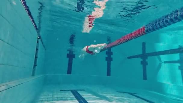 Τεχνικές Κολύμβησης Νεαρή Γυναίκα Μαγιό Καπέλο Και Γυαλιά Προπόνησης Εξάσκηση — Αρχείο Βίντεο