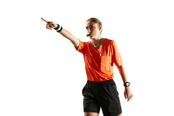Precision Play Accuracy Young Female Referee Field Blowing Whistle Gesturing — Stock Photo, Image