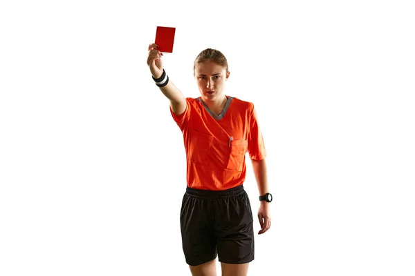Serious Young Woman Football Referee Uniform Showing Red Card Dismissal — Stock Photo, Image