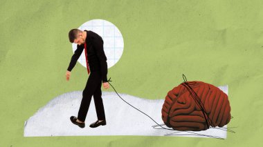 Enerji eksikliği. Gözleri kapalı, yorgun ve motivasyonsuz, beyni olan bir adam. Duygusal stres, depresyon ve aşırı çalışma. Psikoloji kavramı, iç dünya, problem çözme