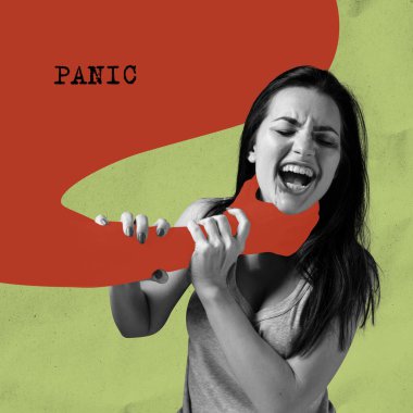 Sağlık kampanyası anksiyete bozukluklarını tanımanın ve onlara cevap vermenin önemini destekliyor. Ağzından panik kelimesiyle kırmızı el şeklini alan bir kadın. Panik atak geçiriyor. Psikoloji