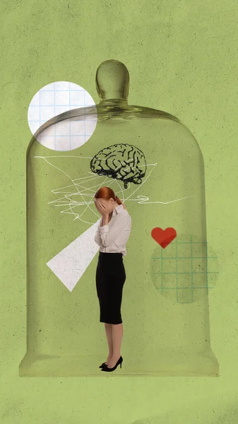 stock image Mental health awareness. Advertisement for cognitive behavioral therapy clinic. Woman inside glass bottle with brain, chaotic lines, heart, symbolizing emotional and mental disorders. Psychology