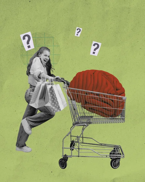 Advertisement for personal finance app that helps manage impulsive spending and budgeting. Girl pushing shopping cart with large brain inside, surrounded by question marks. Impulsive shopping