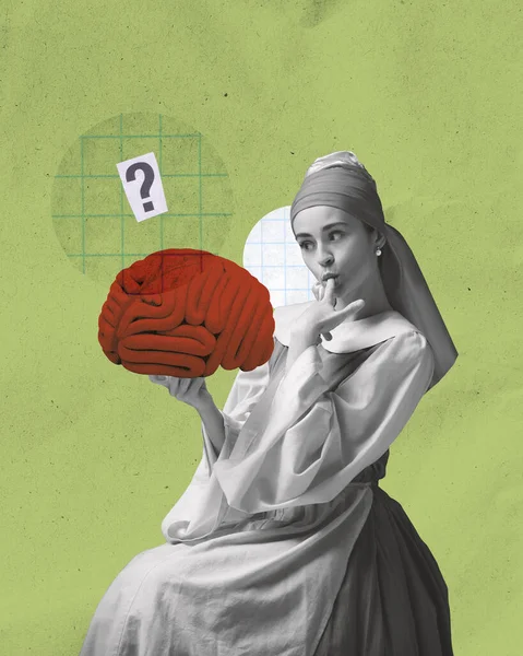 Focus Critical Thinking Intellectual Empowerment Woman Renaissance Attire Holding Brain Stock Photo