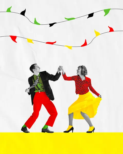Promotional material for dance classes focused on learning styles from the 50s and 60s. Artistic young man and woman in colorful clothes dancing. Rretro-themed event with live dance and music.