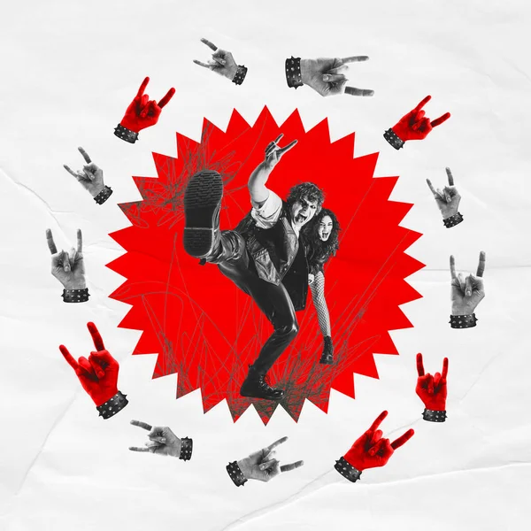 Documentary about the punk rock scene and its fashion influence. Two people in punk rock clothes style, jumping energetically among over abstract background with hands showing rock and roll symbols