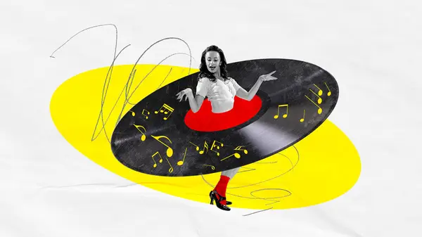 Elegante Mooie Jonge Vrouw Dansend Retro Dans Vinyl Platenspeler Lichte — Stockfoto