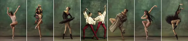 Όμορφες Νεαρές Γυναίκες Χορευτές Μπαλέτου Διαφορετικές Σκηνικές Ενδυμασίες Κάνοντας Δημιουργική — Φωτογραφία Αρχείου