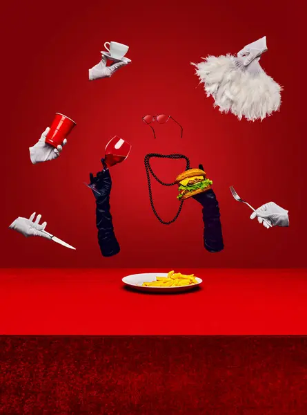 Poster for a themed restaurant where fashion meets fast food. Floating gloves hold burger, chips, wine, with fur boa and sunglasses on red background. Concept of fast food and restaurant, junk food
