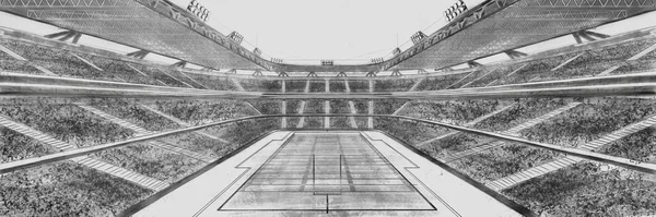Architectural soccer filed project. Sketch of an empty open air American football stadium with tribune. Creative sketch design art. Concept of sport, competition, game. Poster, banner for sport events