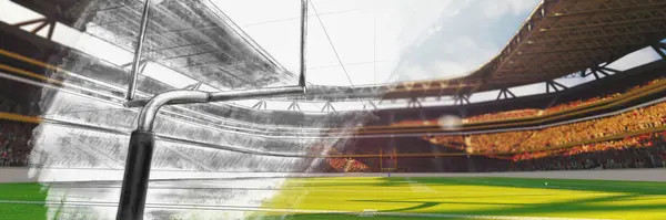 American football stadium with yellow goal post, grass field and blurred fans at playground. Creative sketch design art. Concept of sport, competition, game. Poster, banner for sport events