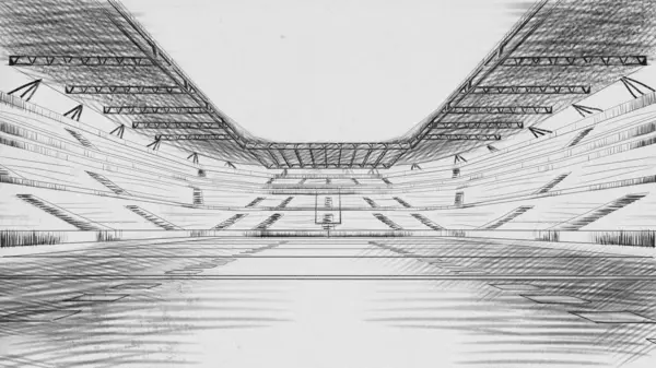 Architectural soccer filed project. Sketch of an empty open air stadium with tribune. Creative sketch design art. Concept of sport, competition, game. Poster, banner for sport events