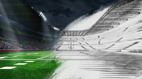 Half-color, half-sketch image of packed stadium with illuminated field and seating place. Creative sketch design art. Concept of sport, competition, game. Poster, banner for sport events
