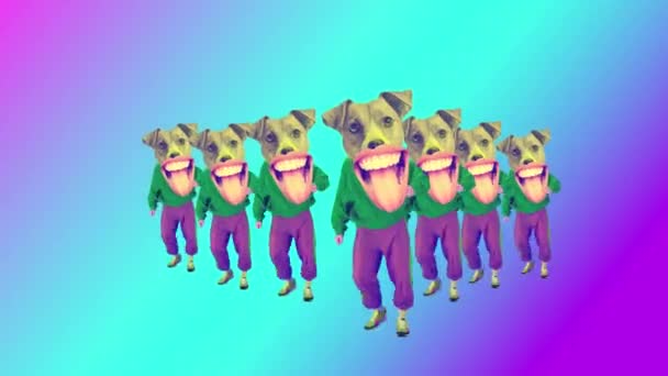 享受快乐 在五彩斑斓的动态背景下 运动服舞动中 纯种狗在男性身上的嘴状物 停止运动 动物主题的概念 超现实主义 乐趣和欢乐 — 图库视频影像