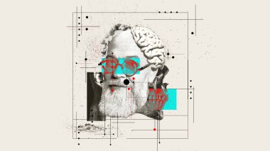 Son sınıflardaki bilişsel psikoloji ve beyin sağlığı konulu bir derginin kapak tasarımı. Podcast felsefeyi ve hayat tecrübelerini tartışıyor. Beyin çizimi ve soyut öğeleri olan yaşlı bir adam..