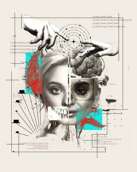 Visual art for a campaign promoting the neurological basis of emotions and love. Collage of a woman, brain illustration, and abstract elements with text. Love. Psychology, surrealism art