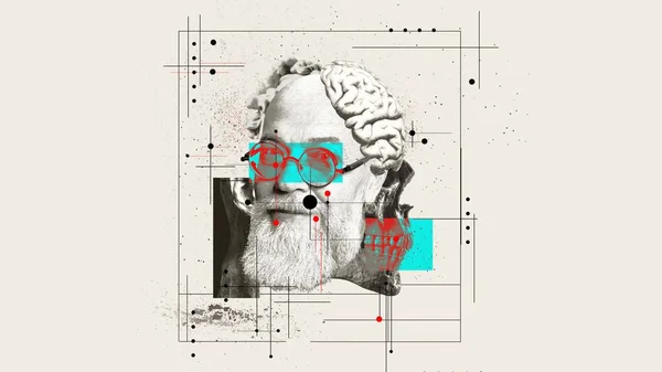Cover design for a journal on cognitive psychology and brain health in seniors. Podcast discussing philosophy and life experiences. Elderly man with brain illustration and abstract elements.
