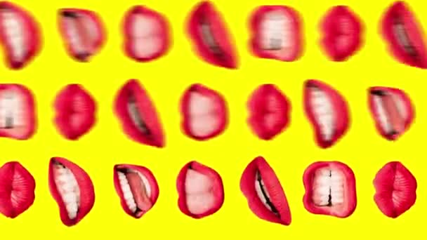 停止运动 杂志风格的艺术与女性嘴唇明亮的黄色背景 嘴尖叫 表现出不同的情绪 创造性的艺术品 人类的情感纵向布局 — 图库视频影像