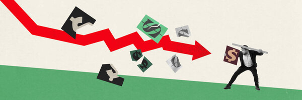 Businessman trying to fight with ecumenical problems in company. Financial arrow going down, decline in investments. Contemporary art collage. Concept of economic crisis, business, finances