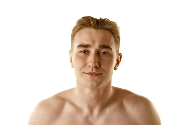 Portrait Young Handsome Guy Standing Shirtless Isolated White Background Skin — Stock Photo, Image