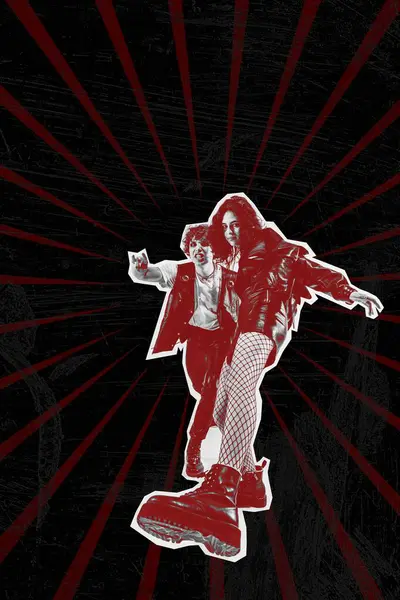 当代艺术拼贴 身穿黑色和白色滤镜 身穿挑衅服装 背景为黑色 背衬红线的摇滚歌迷 摇滚日的概念 — 图库照片
