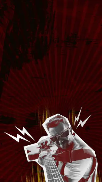 Plakát Koláž Současného Umění Nadšený Kytarista Hrající Kytaru Černém Pozadí — Stock fotografie