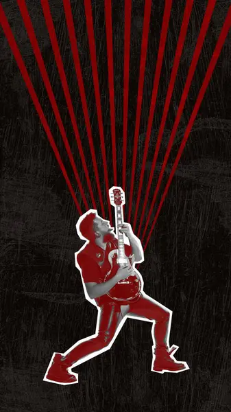 Plakát Koláž Současného Umění Kytarista Červeným Tónem Hraje Energický Heavy — Stock fotografie