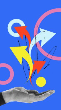 Ellerinde üç ok var, her biri farklı yöne bakıyor. Seçimler ve sonuçlar. Olasılıkların farklı yolları. Çağdaş sanat kolajı. Sosyal ağlar, insan hakları kavramı