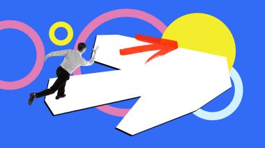 Profesyonel zorlukları ve büyümeyi simgeleyen ok yönünde koşan bir iş adamı. Risk alıyorum. Çağdaş sanat kolajı. Sosyal ağlar, insan hakları, iş, başarılar kavramı