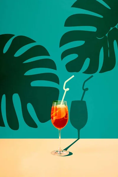 Contemporary Art Collage Refreshing Aperol Spritz Straw Stands Mint Cream — Stock Photo, Image